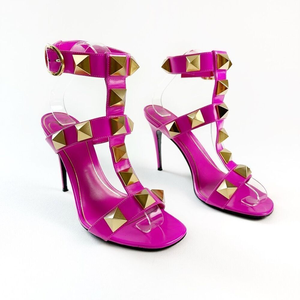 VALENTINO Roman Stud Pink Gladiator Heels Size 37 Sandal Ankle Strap Rockstud